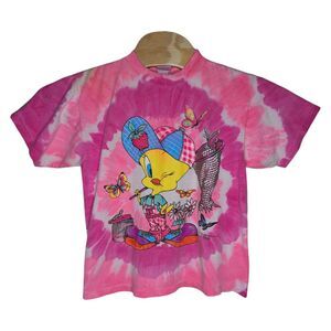Vintage 1995 Tweety Bird Looney Tunes T Shirt Youth XL Pink Tie Dye‎ Butterflies